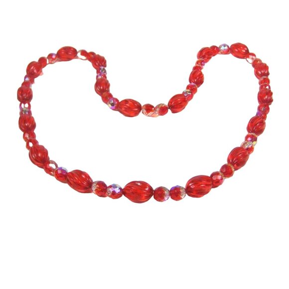 Red Plastic and Glass Beaded Necklace 31 in Vintage Strand Aurora Borealis READ - Picture 14 of 15